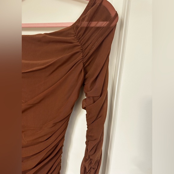 Elegant Brown Off-Shoulder Mesh Dress - Picture 16 of 16
